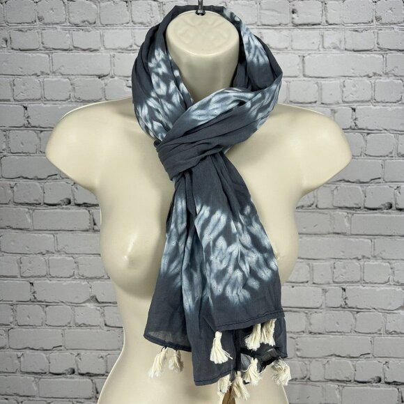 NWT Matr Boomie Blue Grey Dotted Tie Dyed Wavey Tasseled Scarf India Handmade - Picture 1 of 9